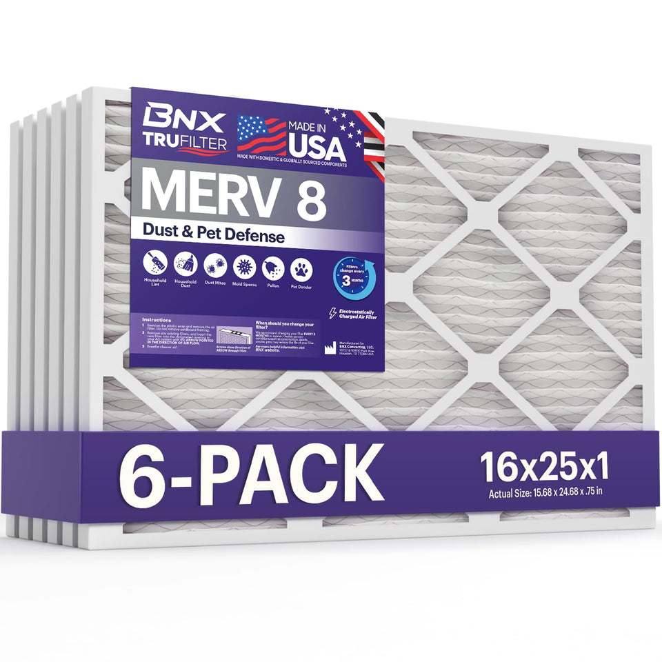 BNX TruFilter 16x25x1 filter-pack for HVAC replacement and improved air quality.