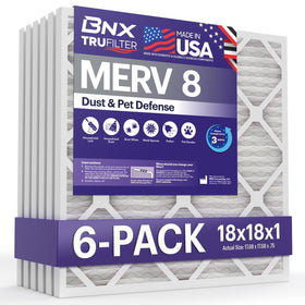 BNX TruFilter 18x18x1 front view shows compact, easy-to-install air filter for compatible HVAC units.