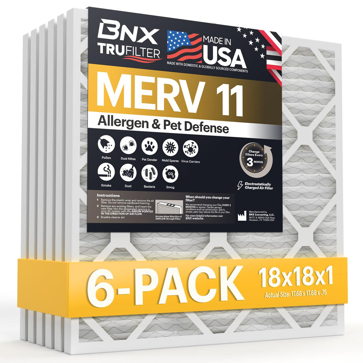 BNX TruFilter 18x18x1 packaging image showing ready-to-install filters