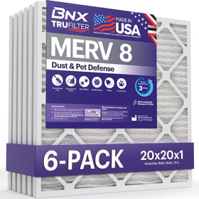 BNX TruFilter packaging showing six-pack and MERV 8 rating.