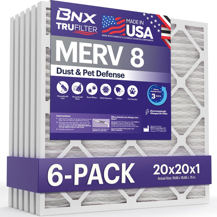 BNX TruFilter packaging showing six-pack and MERV 8 rating.