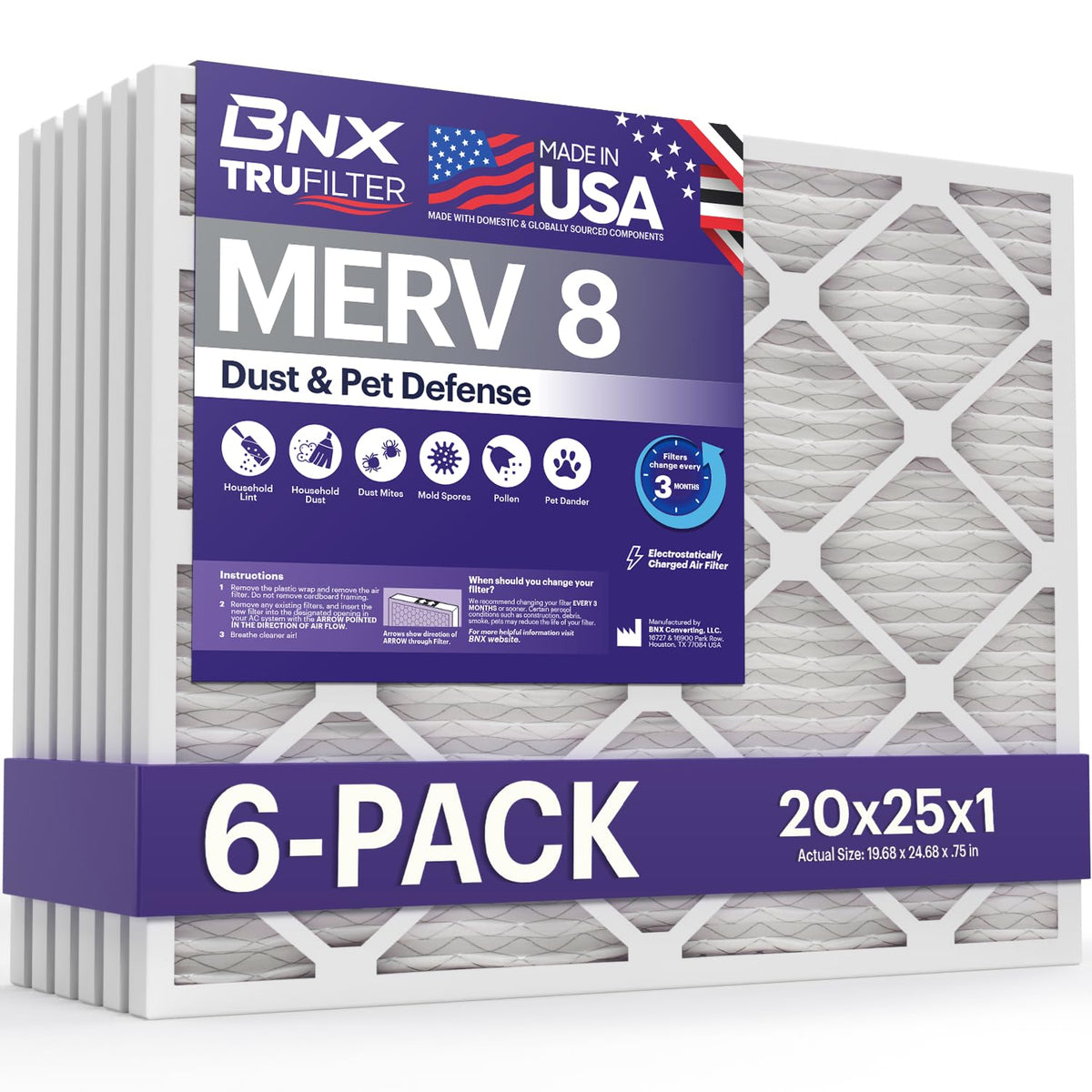 BNX TruFilter 20x25x1 dust-defense filter in HVAC for cleaner air