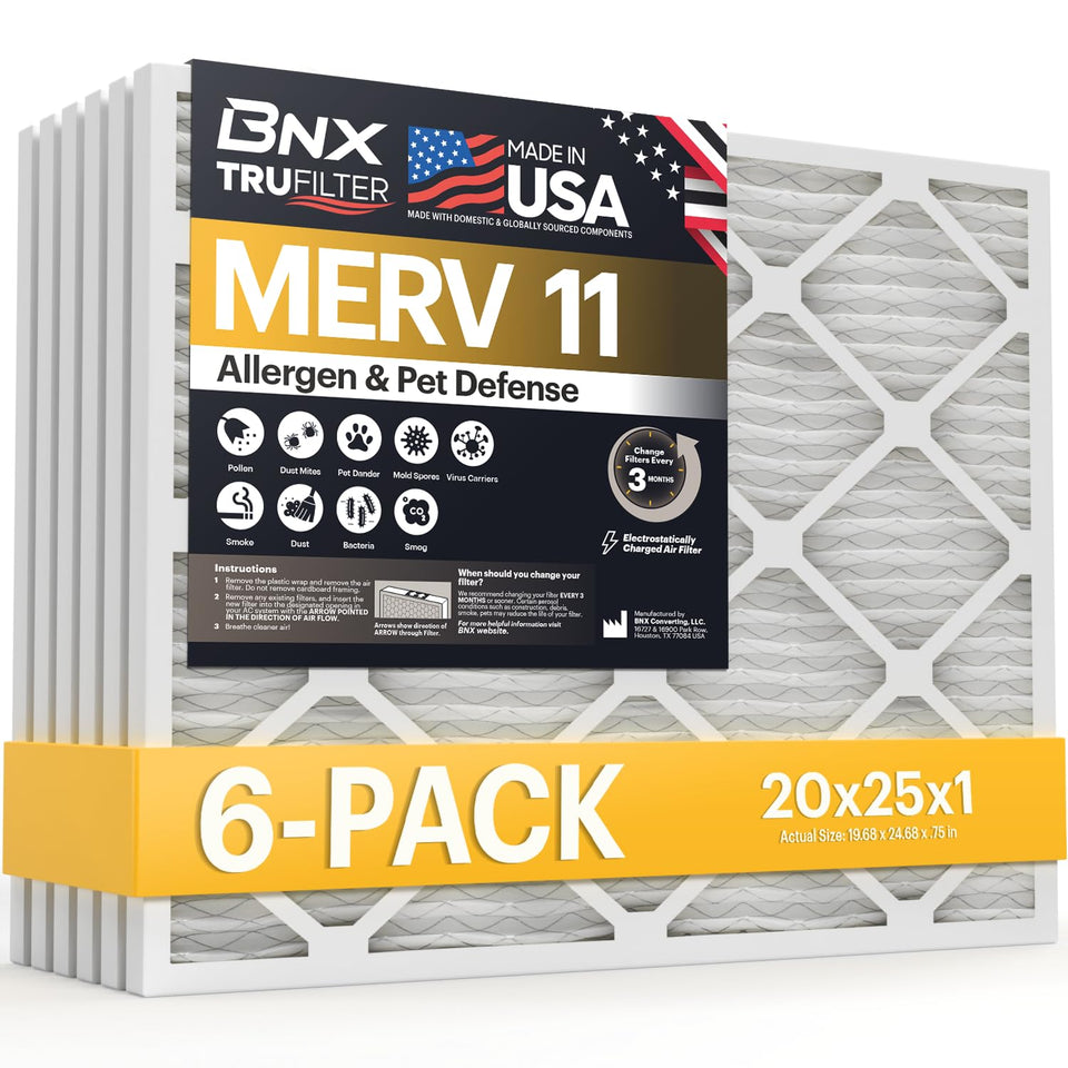 BNX TruFilter front view shows a durable 20x25x1 air filter ready for HVAC