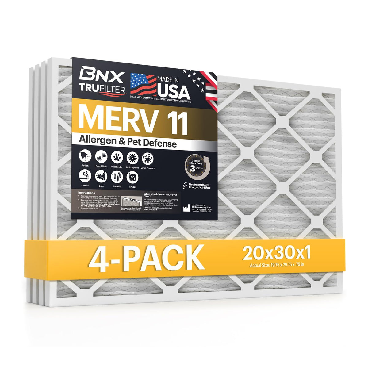 BNX TruFilter four-pack packaging for home HVAC filtration and convenience