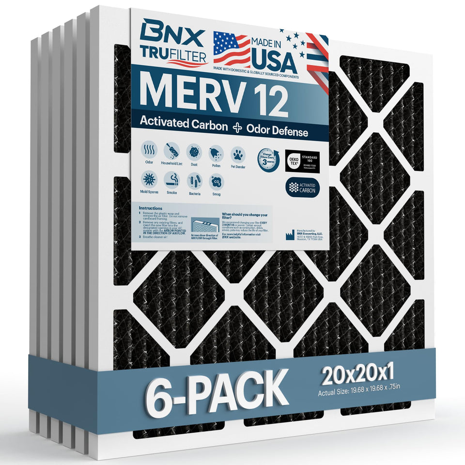 BNX TruFilter six-pack packaging shown for easy replacement in HVAC systems.
