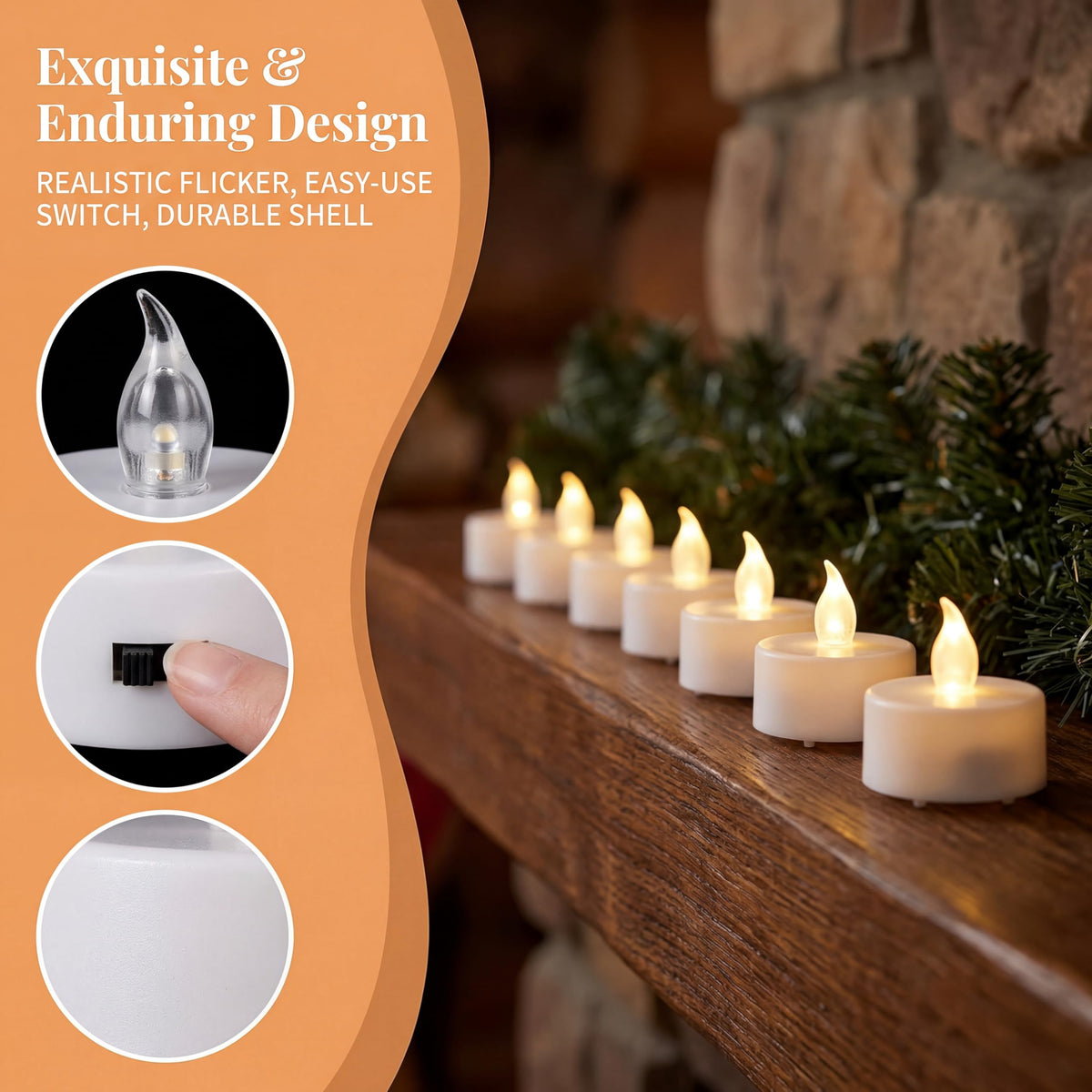 Boakboary LED flicker tea lights mimic real flame without heat.