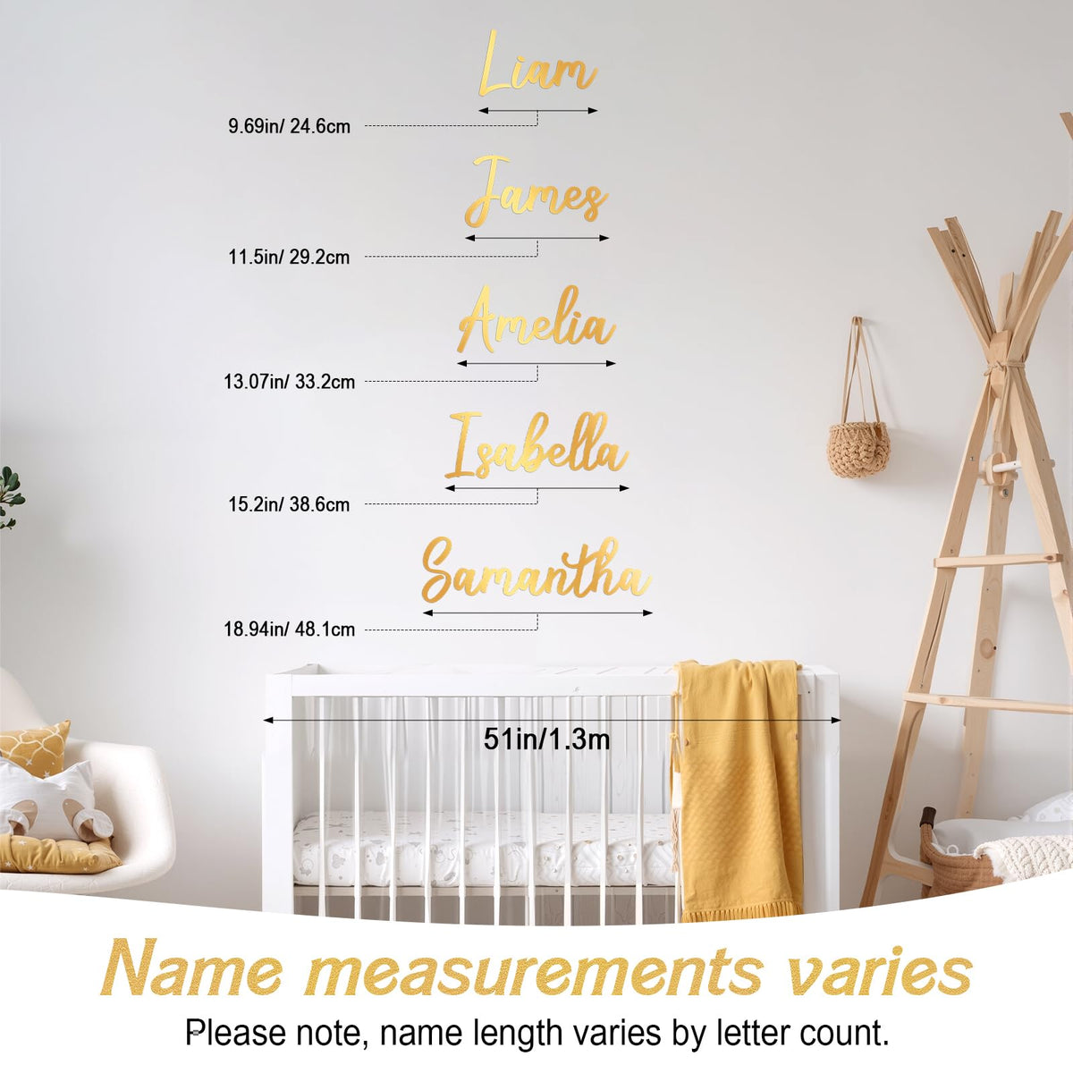 Boao Gold Name Wall Decal creates a warm bedroom backdrop with easy installation.