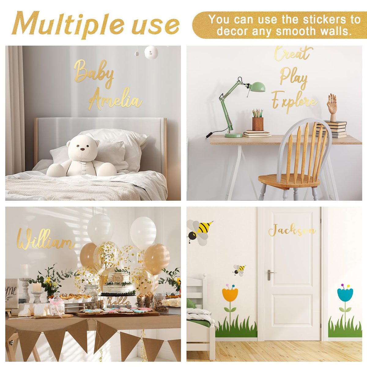 Boao Gold Name Wall Decal sticks to clean surfaces with safe, self-adhesive backing.