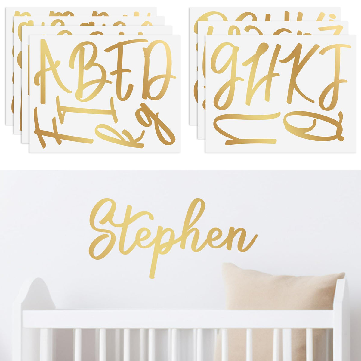 Boao Gold Name Wall Decal uppercase A for a bold personalized wall focal point.