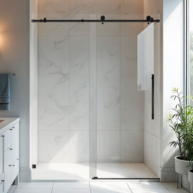 BoBliss frameless sliding door side view for a sleek bathroom upgrade.