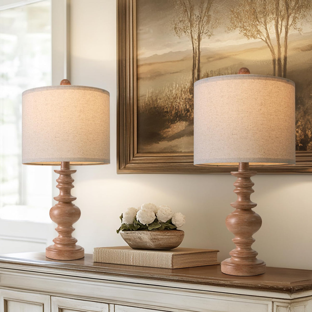 BOBOMOMO 20-inch rustic bedside lamp pair with linen shades for cozy bedroom lighting