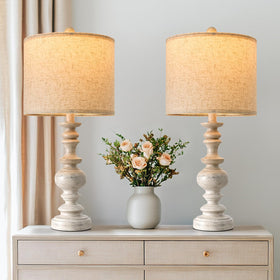 Bobomomo 24-inch farmhouse table lamp pair with resin base and linen shade for warm living room lighting