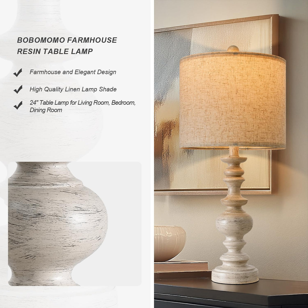 Bobomomo antique-white resin lamp on a nightstand creates cozy bedroom ambiance