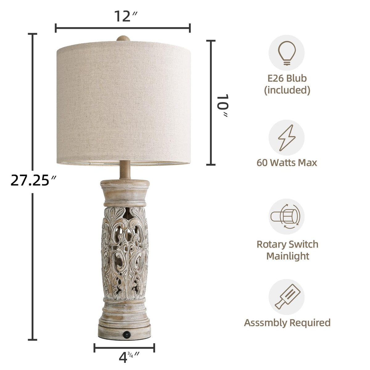 BOBOMOMO 27-25 inch rustic table lamp distressed wood finish for daily use