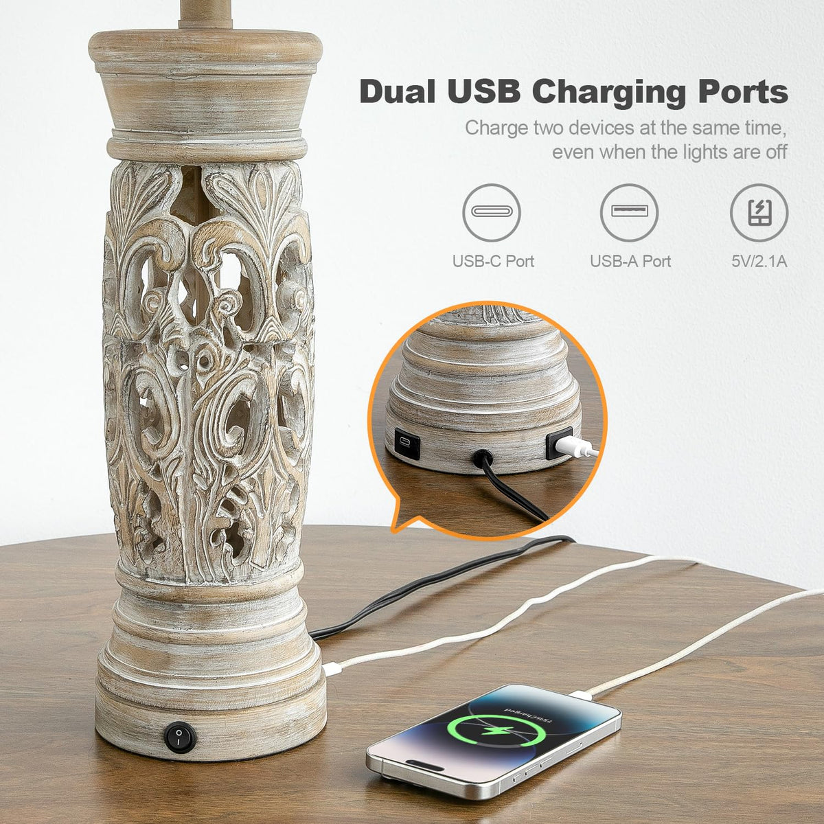 BOBOMOMO 27-25 inch rustic table lamp USB ports for charging devices