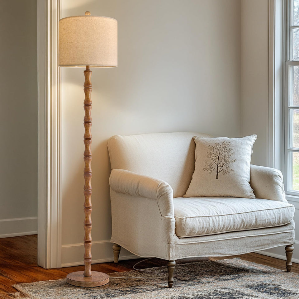 BOBOMOMO 62in rustic floor lamp front view with linen shade for cozy living room lighting.
