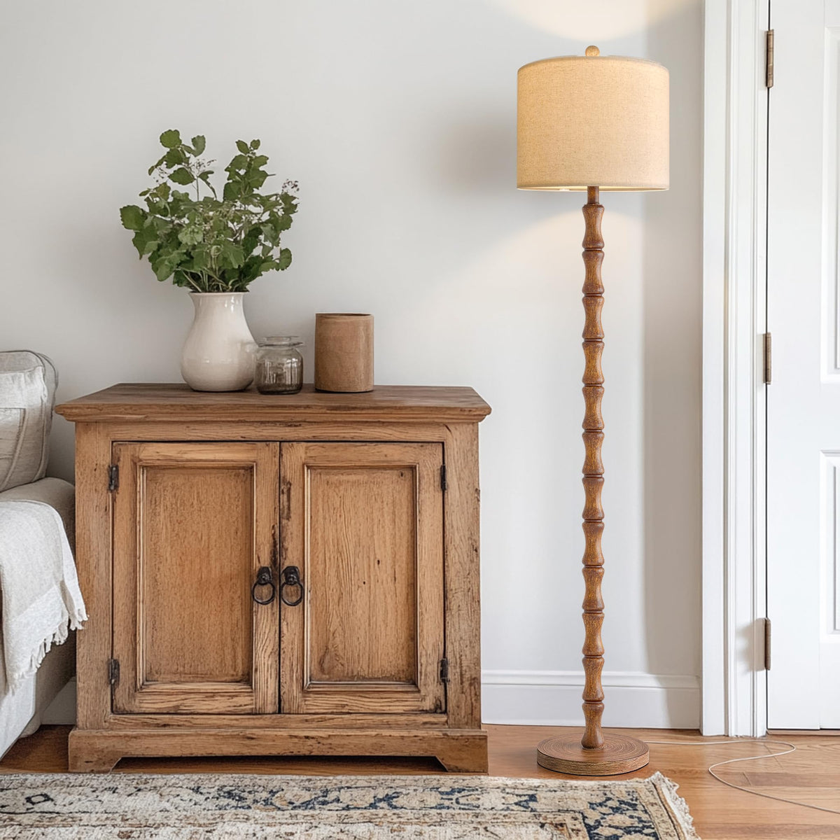 BOBOMOMO 62in rustic floor lamp linen shade diffuses light for relaxing evenings.