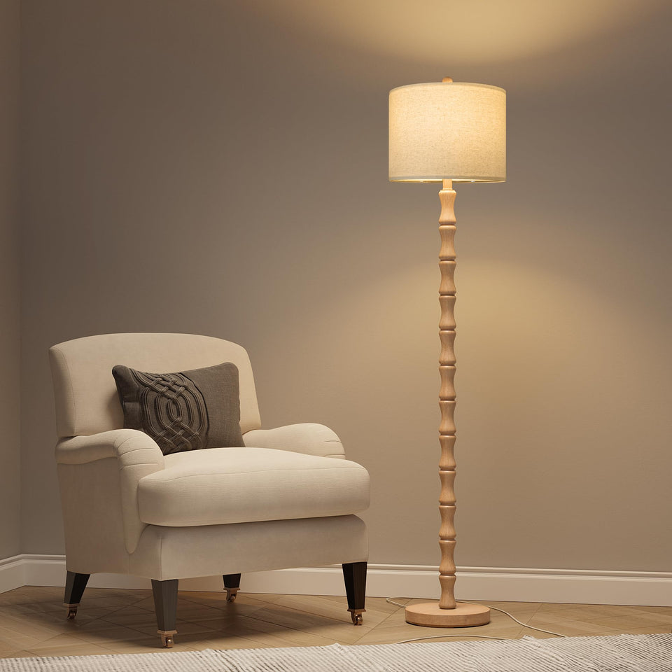 Bobomomo 62-inch farmhouse floor lamp with wood-tone base enhances warm living spaces.