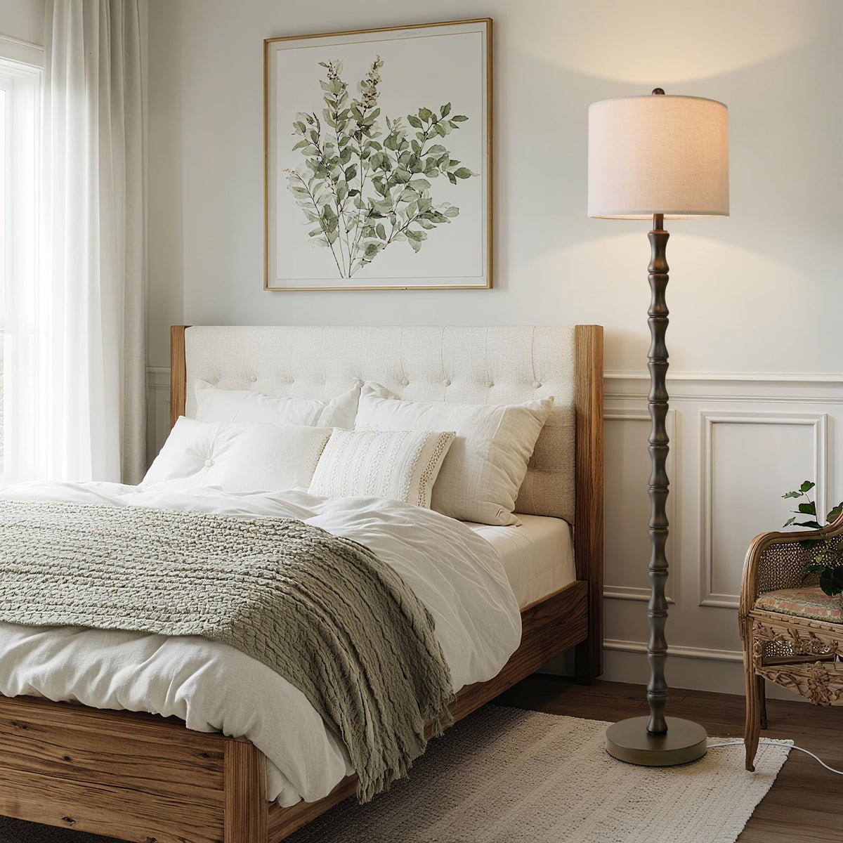 BOBOMOMO lamp shown in a bedroom setup for reading
