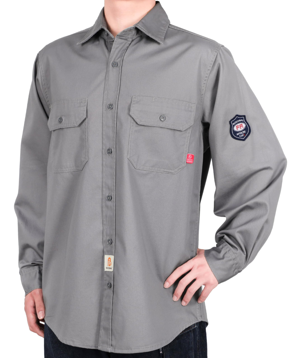 BOCOMAL FR shirt fabric close-up, 6.25oz cotton twill for breathable protection