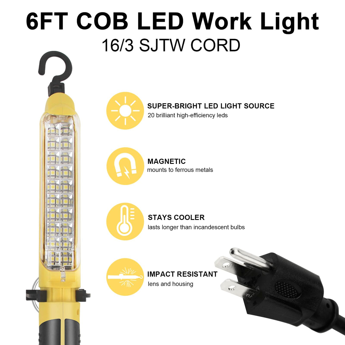 BOCPARTS LED Trouble Light rugged metal housing stays cooler and durable.