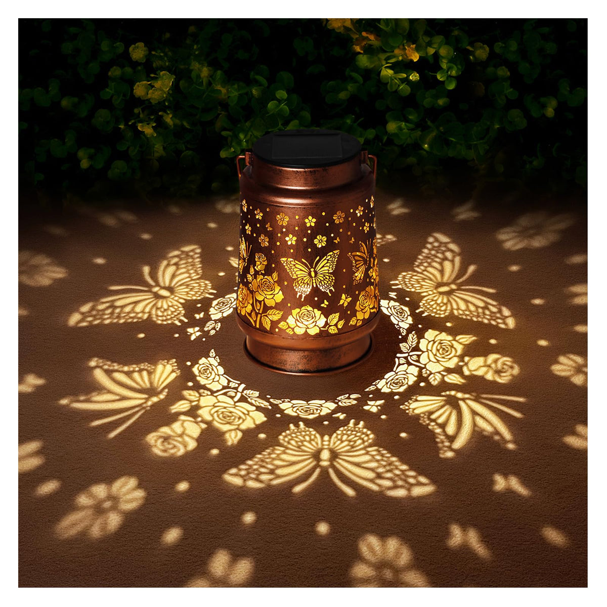 BODEVEDOB butterfly solar lantern hanging with warm glow for outdoor ambiance.