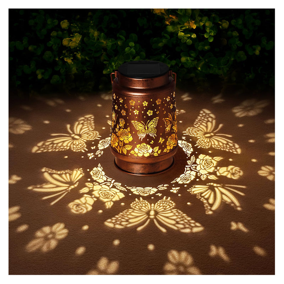 BODEVEDOB butterfly solar lantern hanging with warm glow for outdoor ambiance.