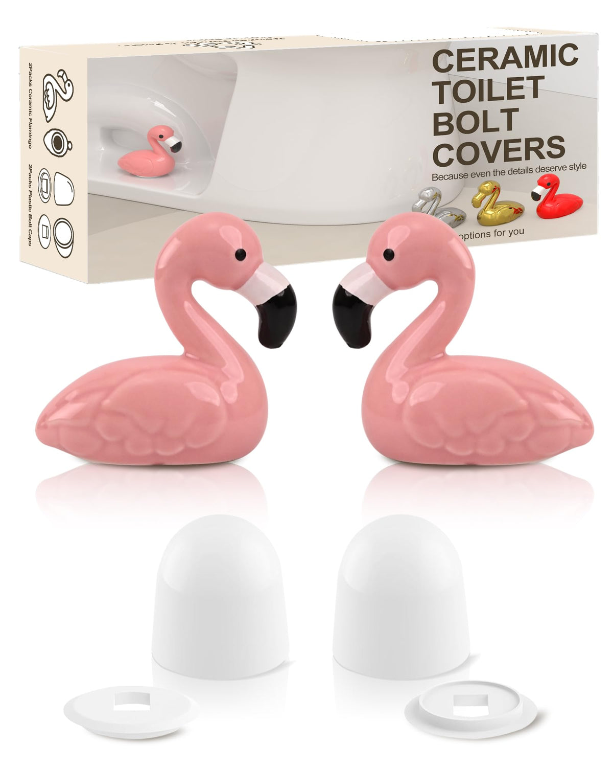 Boeemi Flamingo ceramic bolt covers in pink add charm and easy maintenance.