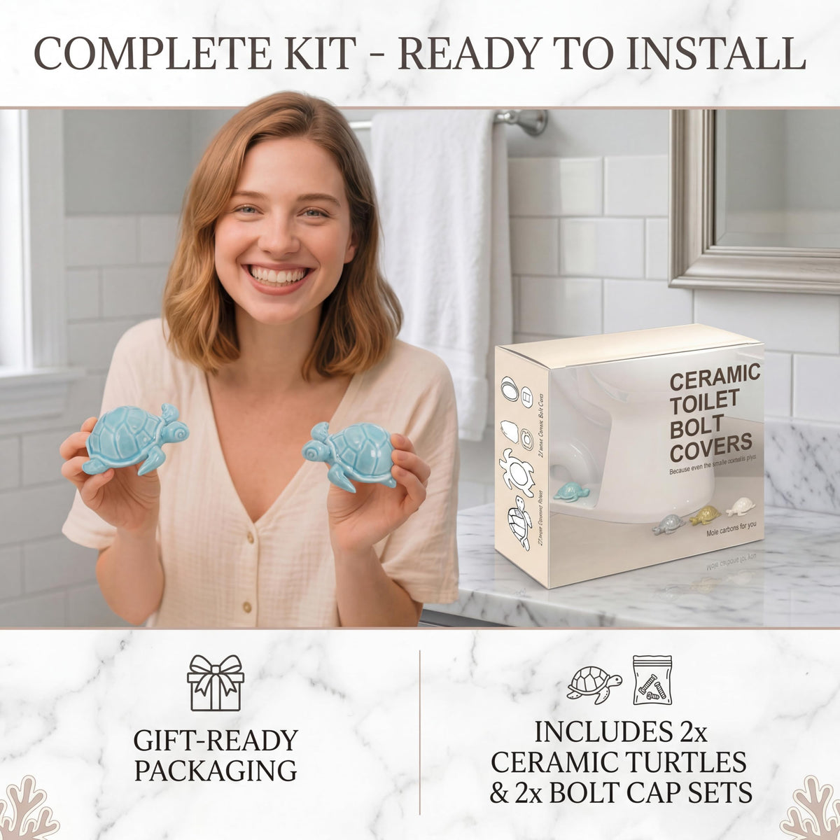 Ceramic turtle bolt covers resist scratches and discoloration for durable style.