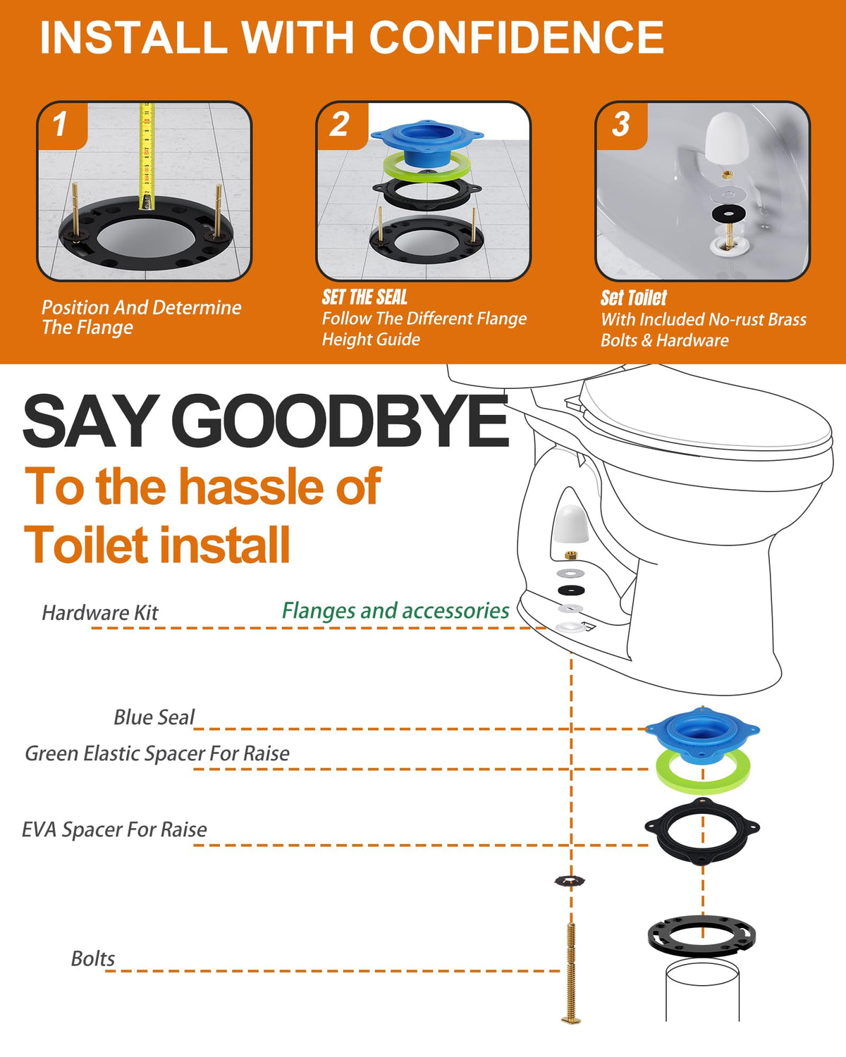 Boeemi toilet flange repair kit components including flange, bolts, washers, spacers