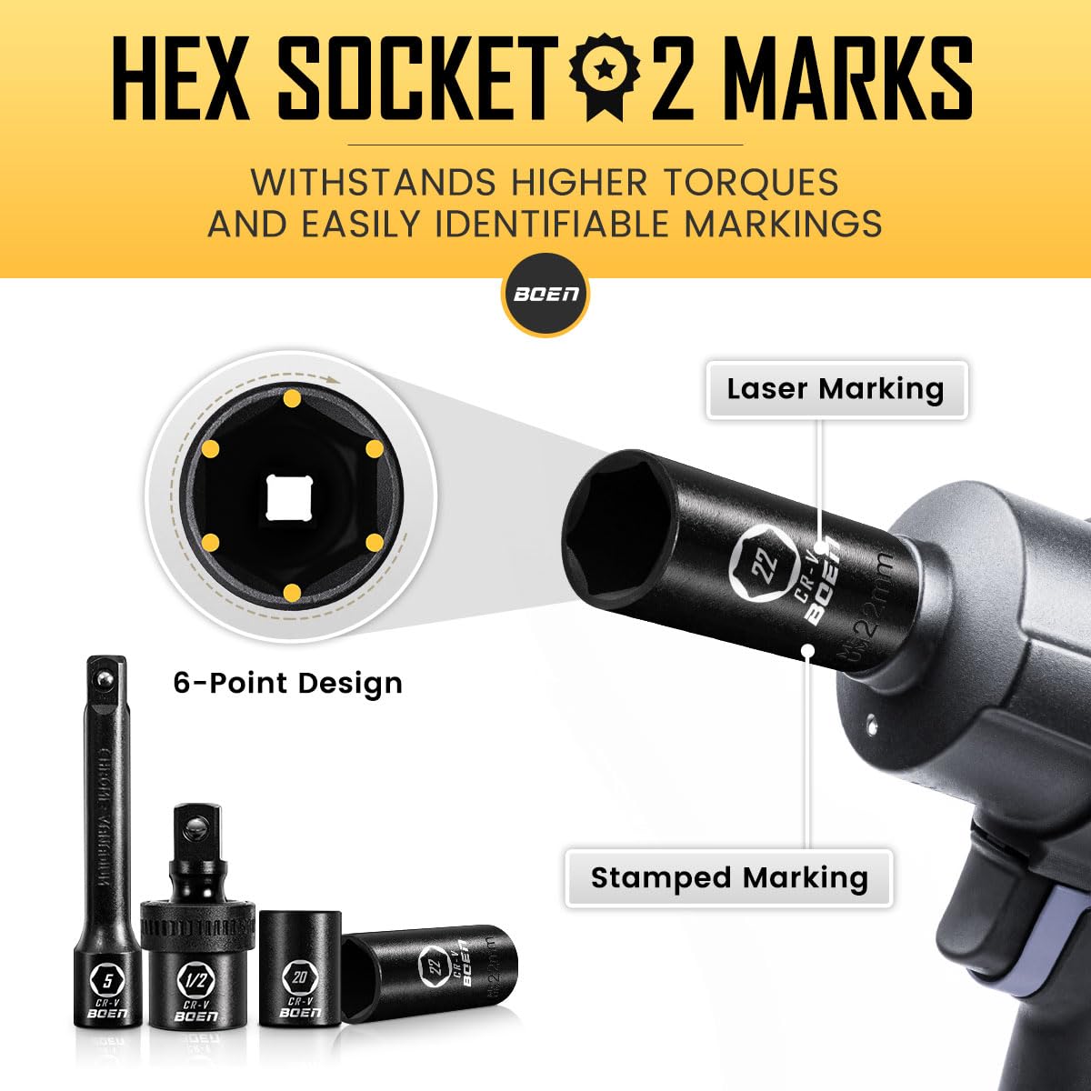Boen 10-inch extension bar extends reach for hard-to-access fasteners.