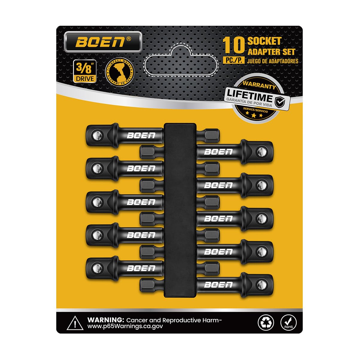 Boen 10-piece 3/8-drive socket adapters laid out for quick-change projects.