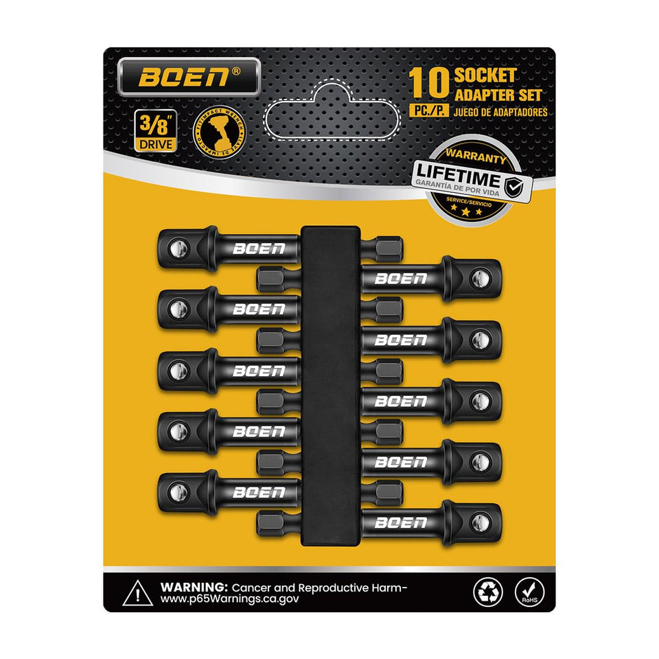Boen 10-piece 3/8-drive socket adapters laid out for quick-change projects.