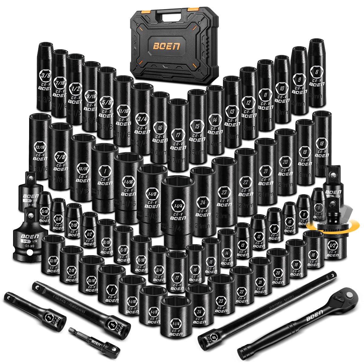 Boen 1/2 inch drive impact socket set in a durable case for easy transport and organization