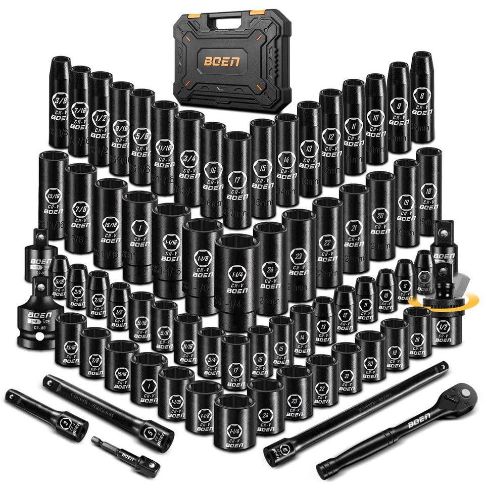 Boen 1/2 inch drive impact socket set in a durable case for easy transport and organization