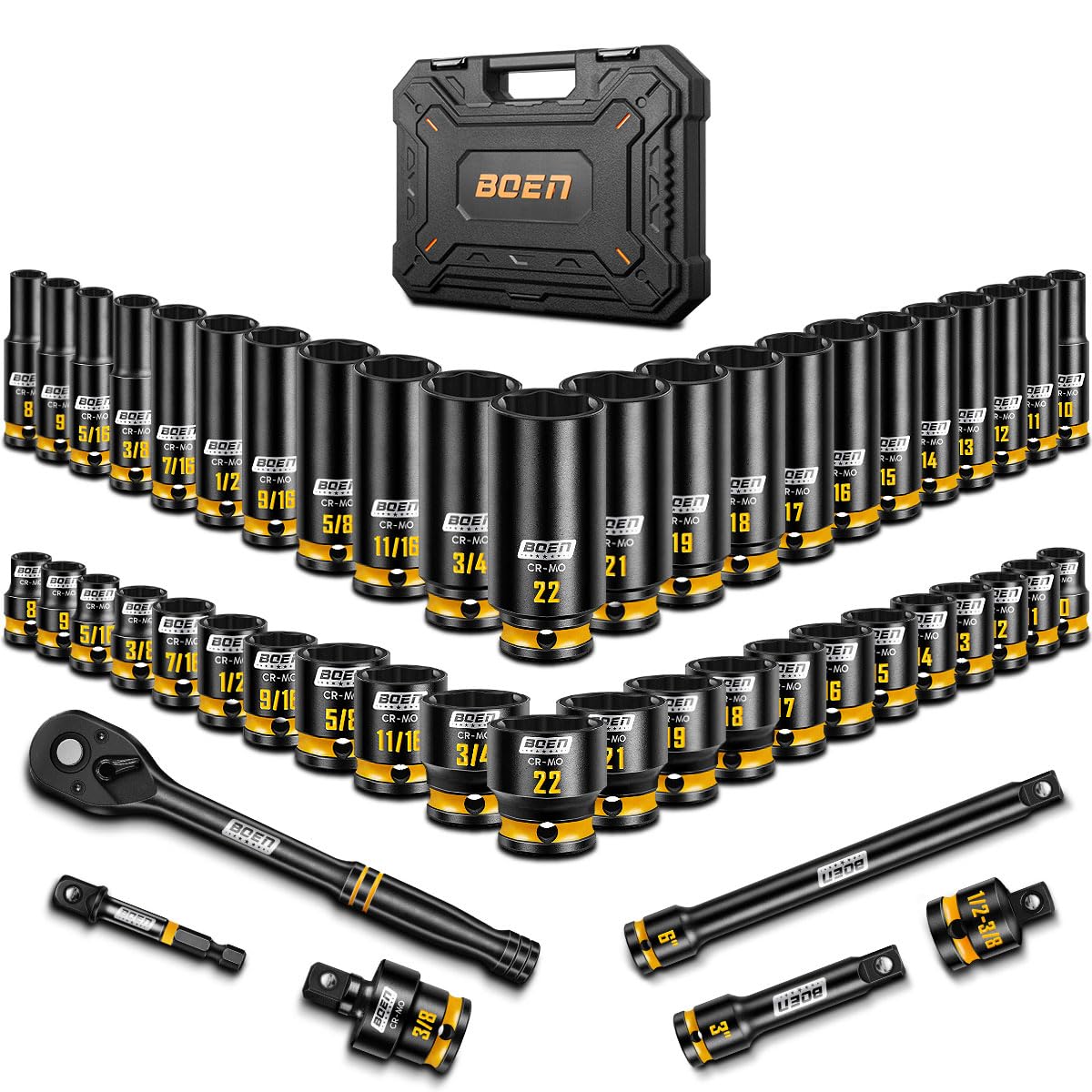 Boen 3/8-inch drive impact socket set packaging for quick organization.