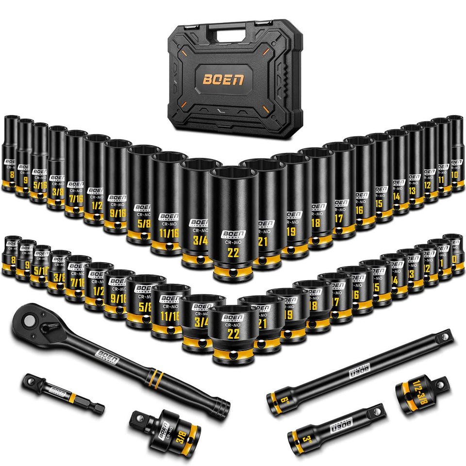Boen 3/8-inch drive impact socket set packaging for quick organization.