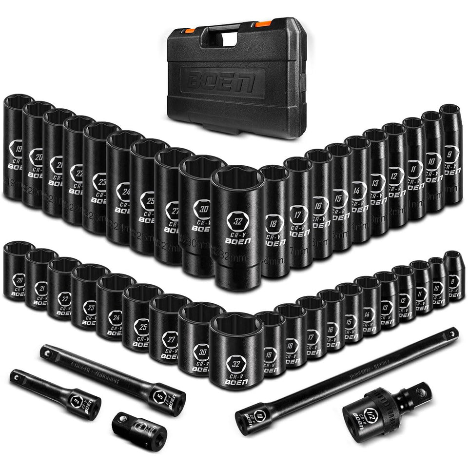 Boen 45pcs 1/2in drive metric socket set with deep and shallow sockets for versatile repairs