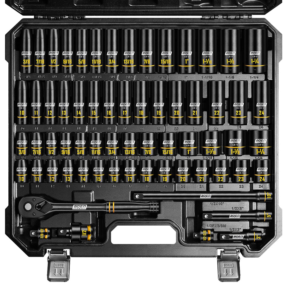 Boen 65-piece socket set with embossed markings for quick size recognition.