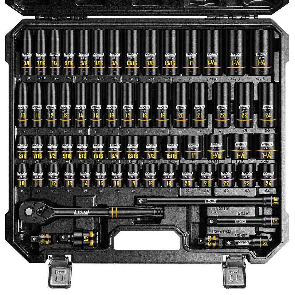 Boen 65-piece socket set with embossed markings for quick size recognition.