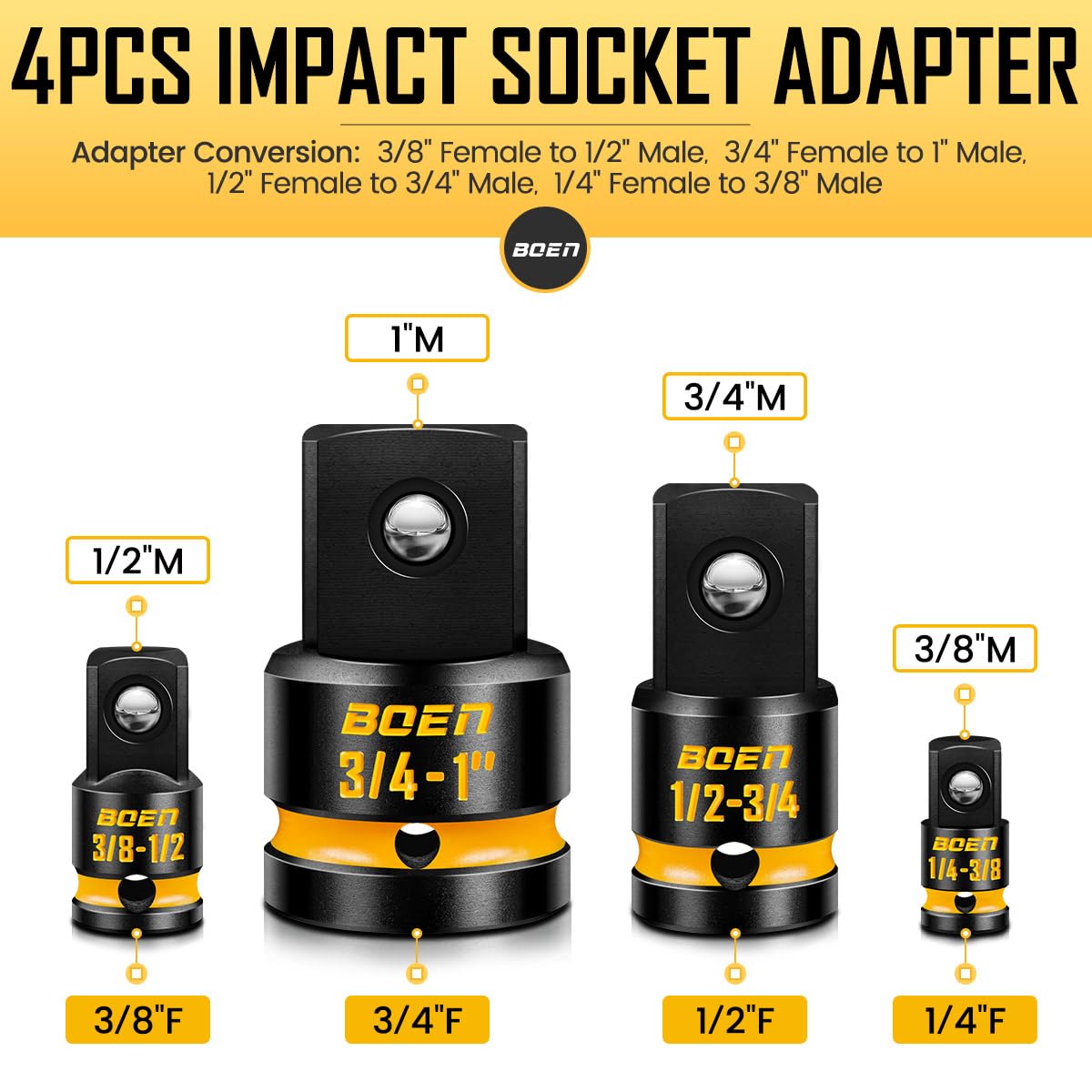 Boen 1/4 to 3/8 reducer and 1/2 to 3/4 adapter close-up reveals robust design.