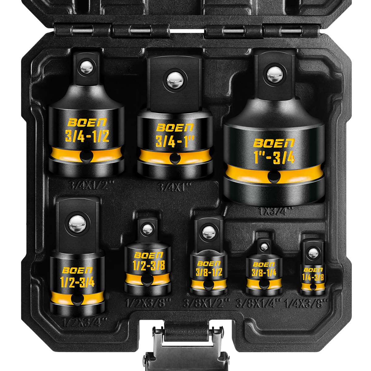 Boen 8-piece adapter set shows 1/4 to 3/8 size conversion for versatile setups.