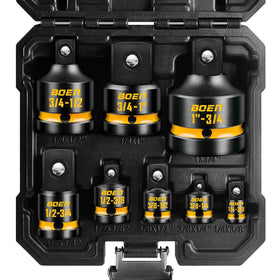Boen 8-piece adapter set shows 1/4 to 3/8 size conversion for versatile setups.