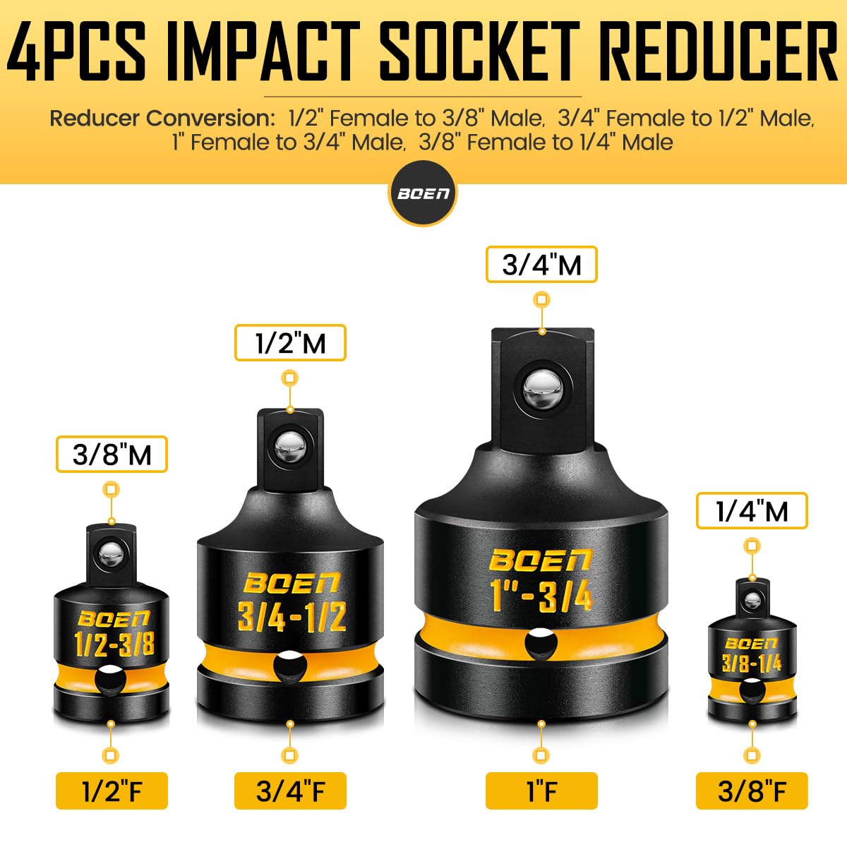 Boen reducer/adapter combo supports 3/4 to 1/2 transitions for heavy-duty tasks.