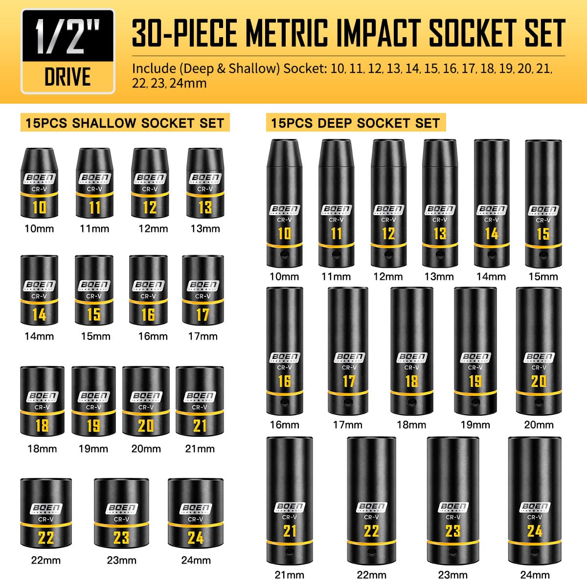 Boen deep and shallow SAE/metric sockets for versatile fastening.