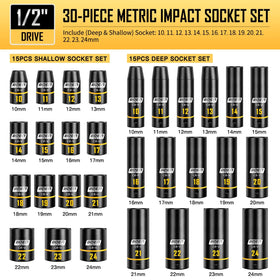 Boen deep and shallow SAE/metric sockets for versatile fastening.