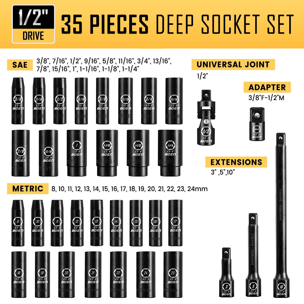 Boen deep-well sockets with precise SAE and metric sizes for reliable fit