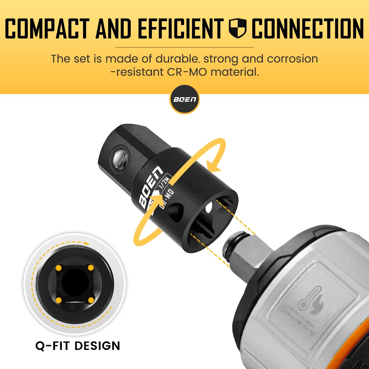Boen half-inch to three-eighths adapter for a secure, stable fit.