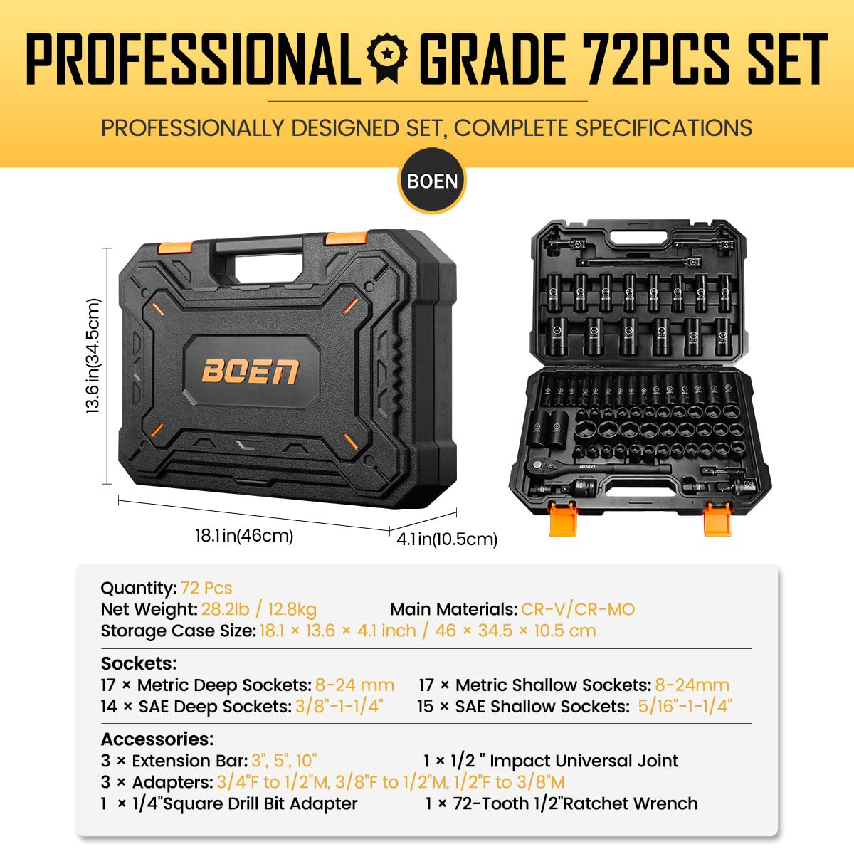 Boen metric deep sockets 8-24 mm for deeper bolt access and torque-ready performance
