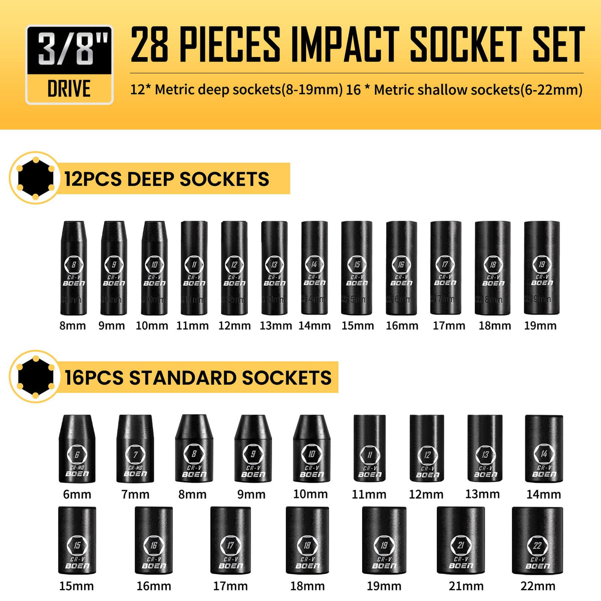 Boen metric shallow sockets 6-22mm for fast access in tight spaces